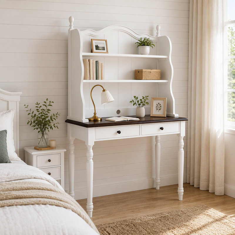 Bureau Mid-Century avec 2 tiroirs, huche et passe-câbles, Espresso/blanc