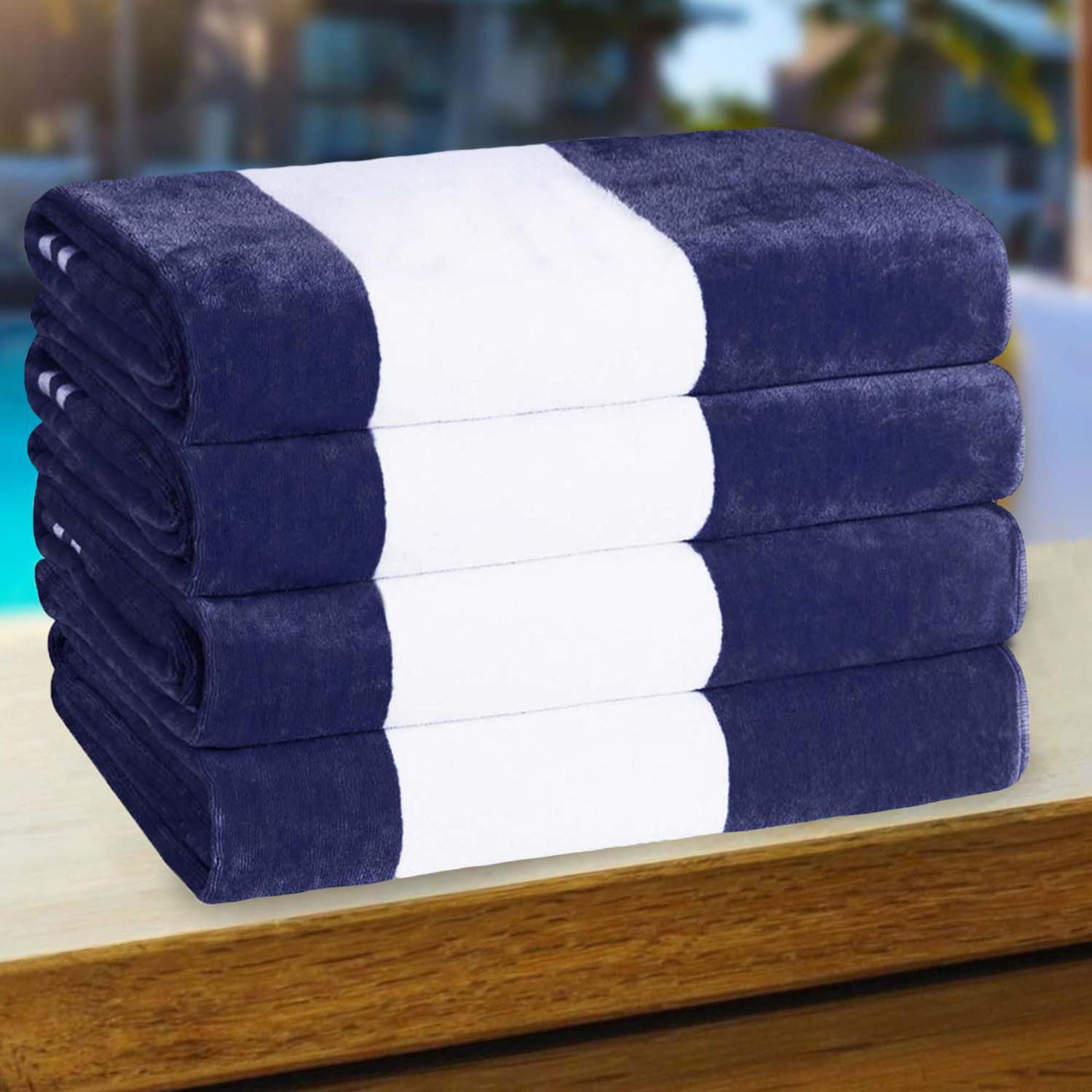 Calheta Cotton Oversized Cabana Stripe Beach Towels, Blue, 4