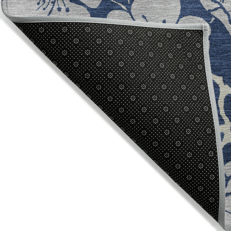Navy Floral Synthetic Rectangular 5' x 7' Washable Rug
