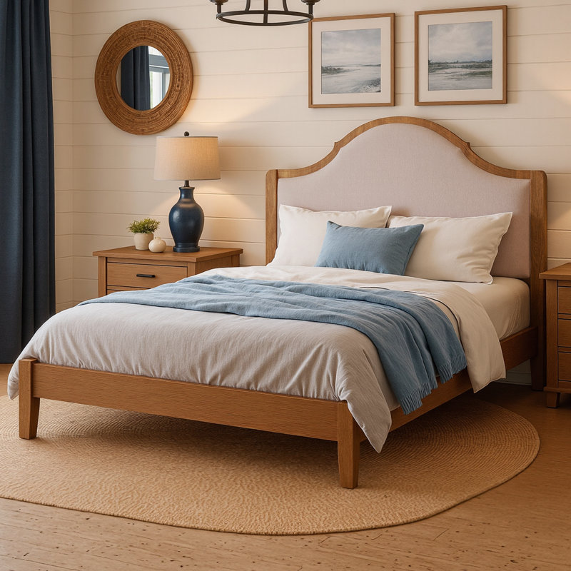 Solid Wood Bed Frame with Upholstered Headboard, Modern Design, No Box Spring Needed, King, Light Brown