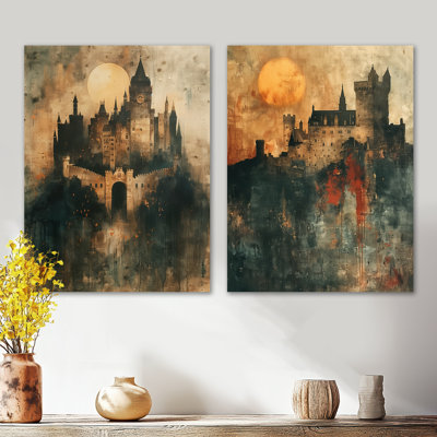 Vintage Vampire Fortress Castle I – Gray Medieval Metal Wall Art Print Set of 2