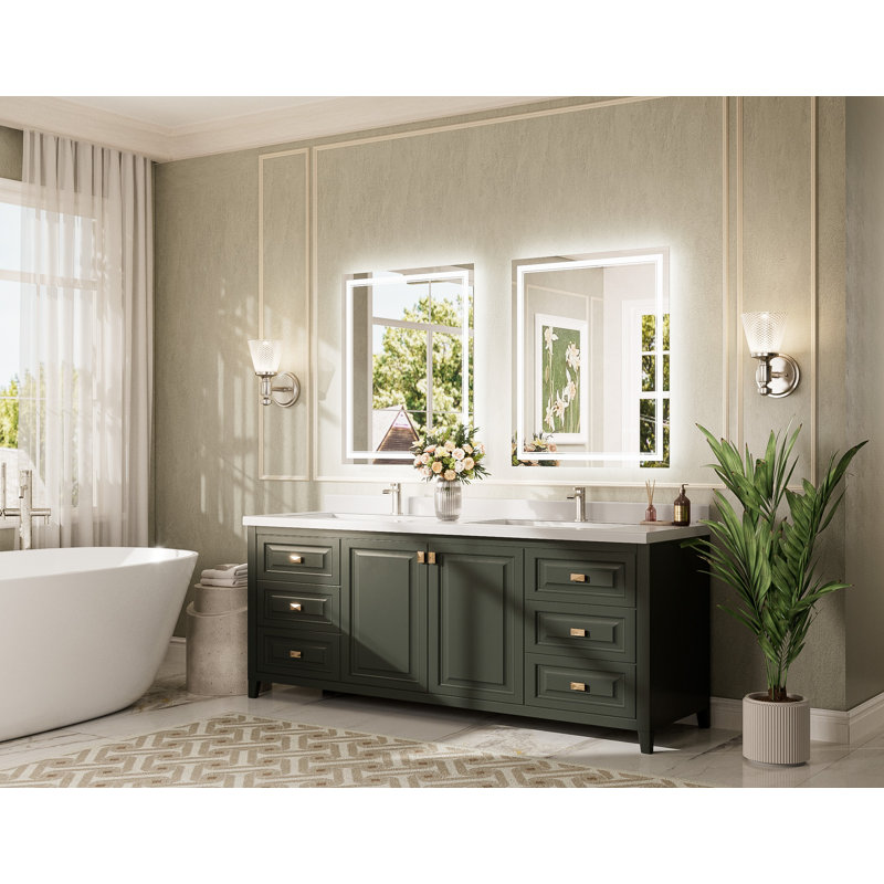 Miroir de salle de bain Bluetooth à DEL à éclairage avant et rétroéclairé, 3 couleurs de température et intensité variable, miroir de coiffeuse en verre trempé