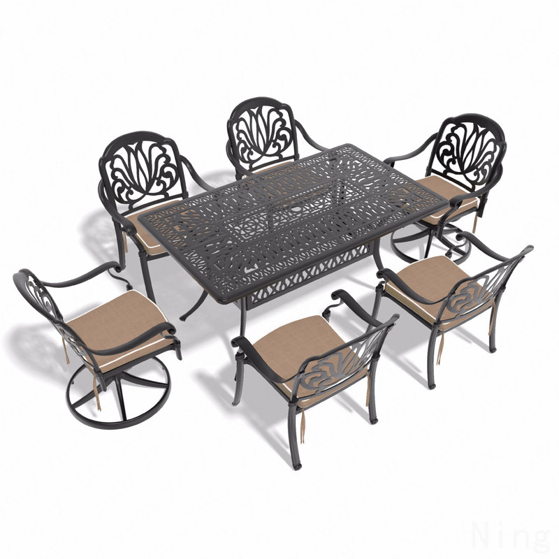 Ensemble de salle à manger 7 pièces en fonte d'aluminium toutes saisons comprenant 2 chaises pivotantes, 4 chaises et une table rectangulaire avec cadre noir