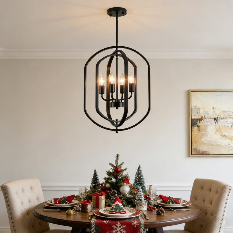 4-Light 16 in. Black Modern Geometric Chandelier Adjustable Lantern Pendant Light Fixture for Dining Room, Matte Black