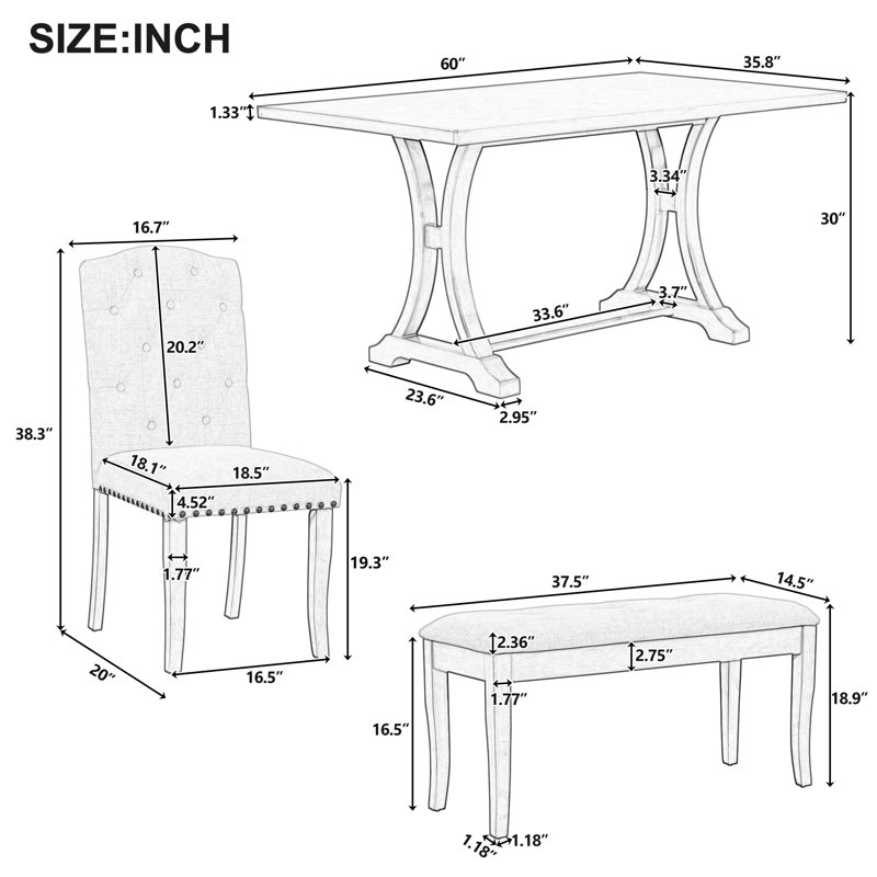 Ensemble de salle à manger 6 pièces en bois massif de 91 cm (36 po) de largeur, fini bois naturel