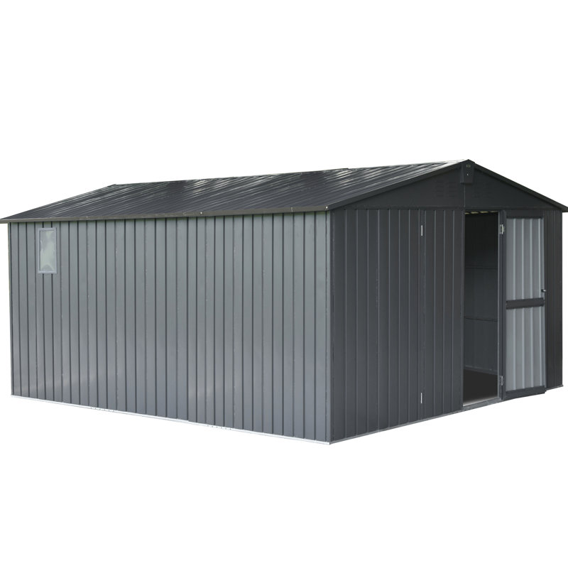 Remise de rangement en métal galvanisé 11 pi x 12,5 pi, porte et fenêtres pour l'extérieur, structure grise avec porte verrouillable, foncé