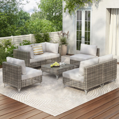7-Piece Wicker Patio Furniture Set, Outdoor Conversation Set Sectional Sofa with Water Resistant Grey Thick Cushions and Coffee Table for Outdoor Couch, Porch, Backyard