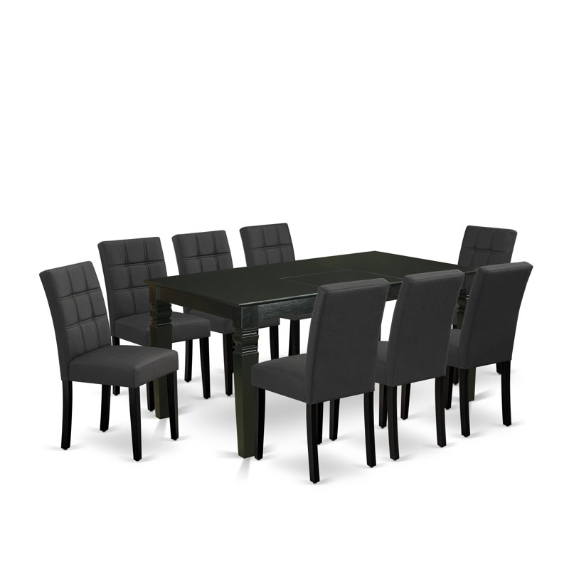 9 Piece Dining Table Set Includes A Wood Table and 8 Dark Gray Polyester Fabric Dinner Chairs with Stylish Back- Black Finish