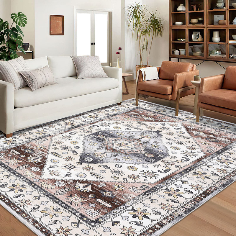 Oriental Machine Washable Area Rug with Rubber Backing for Living Room Non-Slip Indoor Carpet Low-Pile Rug for Bedroom Dining Room Hallway Kitchen Office Playroom Nursery