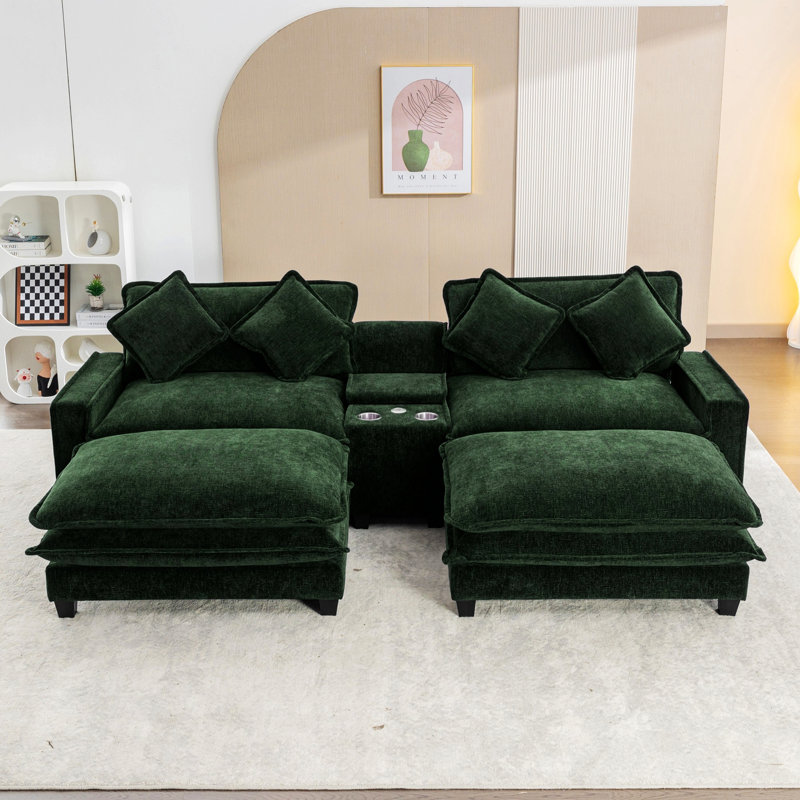 Sectional Sofa With Two USB Ports And Two Cup Holders, Upholstered Sofa With Two Removable Ottoman, Green