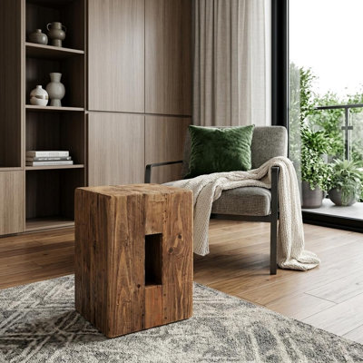12" Brown Solid Wood Block Ottoman