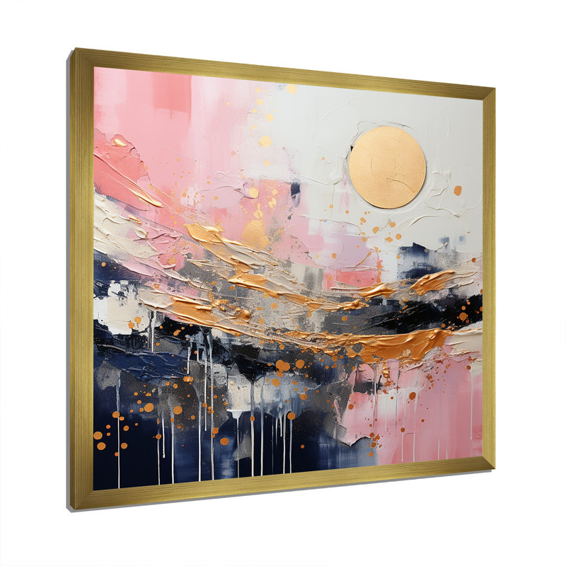 Art moderne encadré doré et rose - formes abstraites modernes, Cadre doré simple, H 16 po x l 16 po x P 1 po