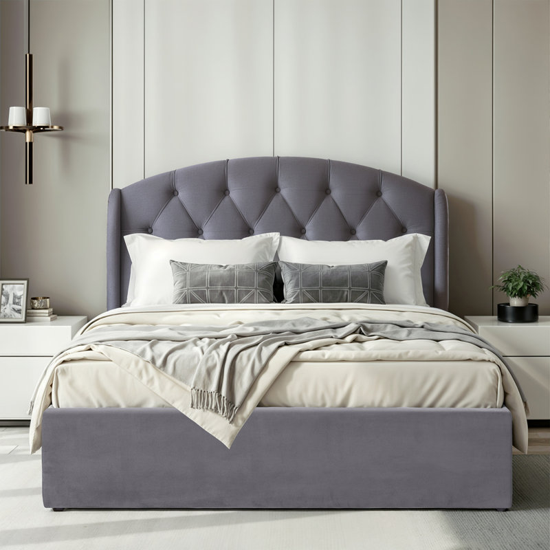 Bayson Upholstered Double (4'6) Bed, Grey, Diamond
