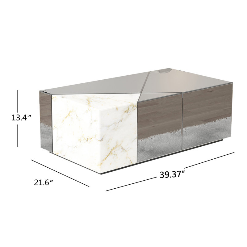 Benley 39.37''W Mirrored Modern Block Coffee Table, Gray/White