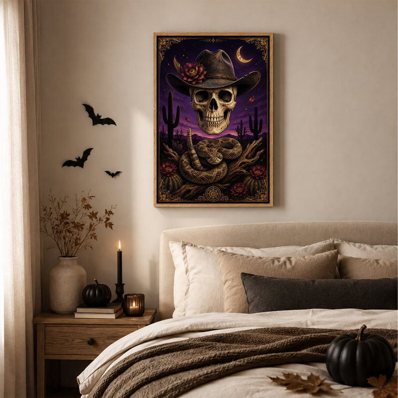 «Cowboy Hat» crâne et crotale dans un désert mauve, art mural sur toile d'Halloween, H 48 po x l 32 po