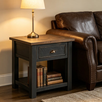 Monterey Farmhouse Rustic End Table, Solid Pine Wood Coastal Side Table with Drawer and Shelf, Black Base with Brown Top