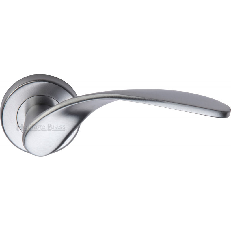 Heritage Brass Door Handle Lever Latch on Round Rose Volo Design, Satin Chrome