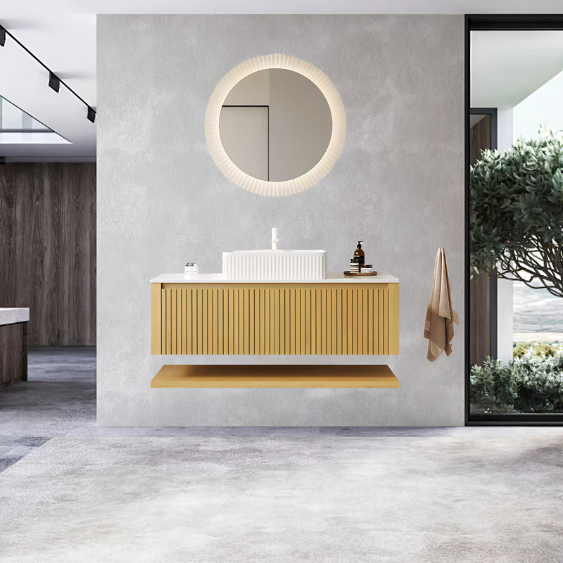 Meuble-lavabo de 47,64 po de largeur, meuble de rangement pour salle de bain avec lavabo rectangulaire en céramique, tiroirs et tablette ouverte (chêne)
