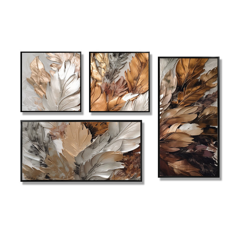 «Feather Extravaganza IV - Floral Glam Feather», reproduction d'art sur toile 4 pièces, Noir