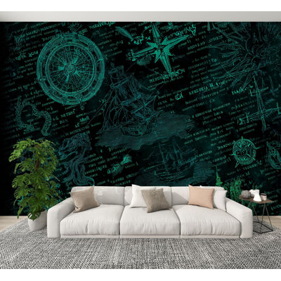 Papier peint à peler et coller, carte nautique rétro, boussole, voiliers, bleu sarcelle foncé, papier peint mural H 100 po x l 144 po amovible en PVC, adhésif mural pour garçons, chambre à coucher, salon, bureau à domicile