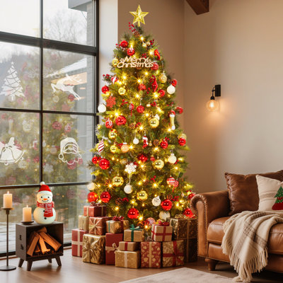 Arbre de Noël Slim Slim - 250 lumières blanches chaudes, charnières auto-extensibles avec pommes de pin et baies de houx, arbre PE / PVC peu encombrant pour les petits espaces, bureau, porche