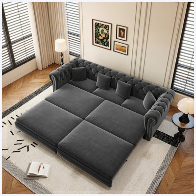 Canapé-lit convertible 3-en-1 en velours gris 89 po avec méridienne Chesterfield