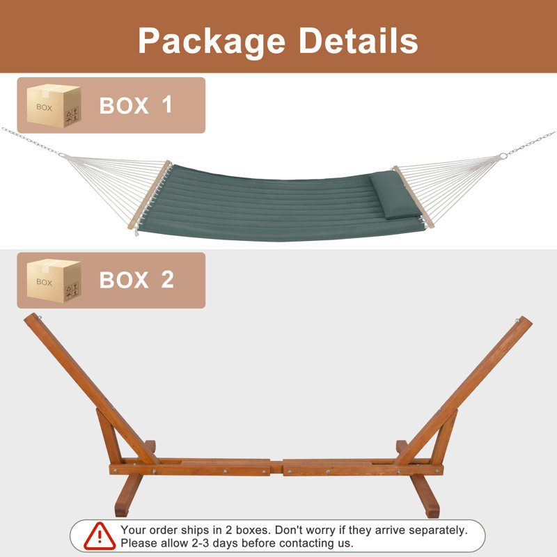 Hamac double matelassé pour 2 personnes avec support de hamac réglable en bois de 12 à 14 pieds, Vert