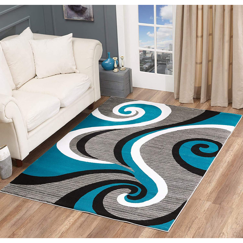 Glory RugsModernArea Rug TurquoiseGreySwirls,ContemporaryDiningAccent,SevillaCollection, Rectangle 7'10.5" x 10'2"