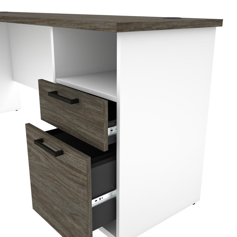 Ocke L-Shaped Executive Desk with Power Outlet, Walnut Gray/White