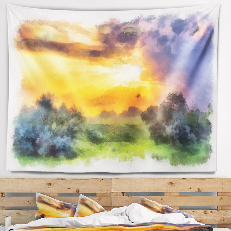 Magnifique tapisserie paysage aquarelle, H 32 po x l 39 po