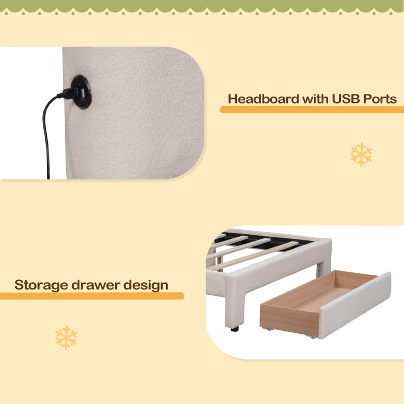 Grand lit plateforme tapissier Teddy, Beige