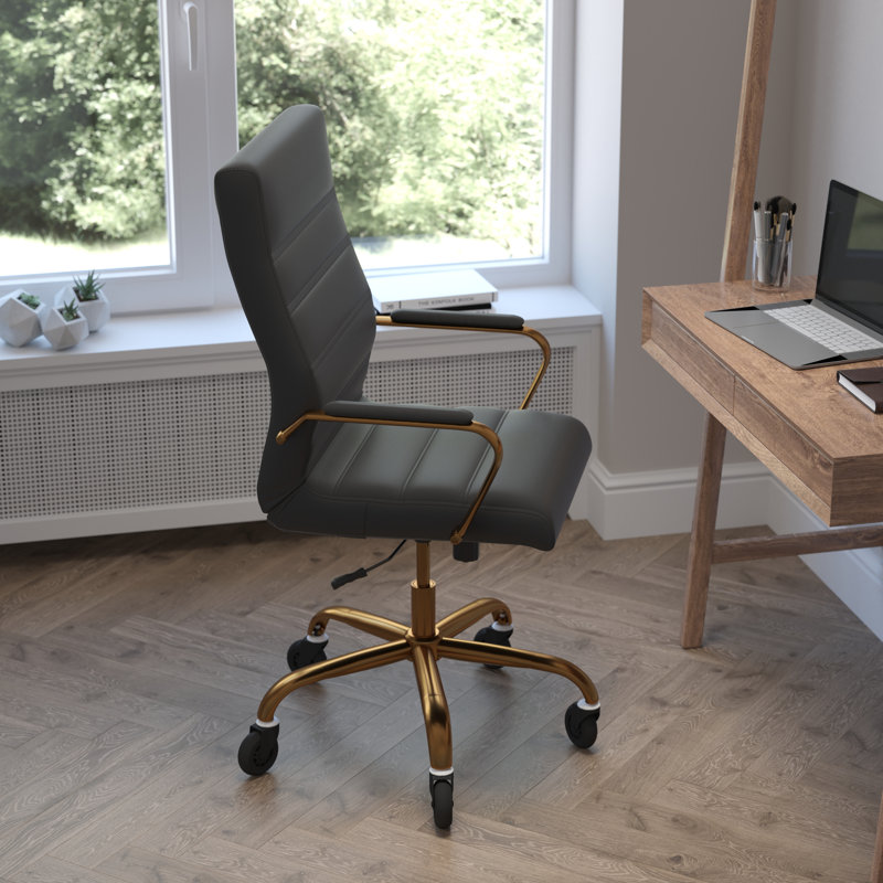 Fauteuil de bureau pivotant à haut dossier avec structure, accoudoirs et roulettes transparentes, Noir, Or