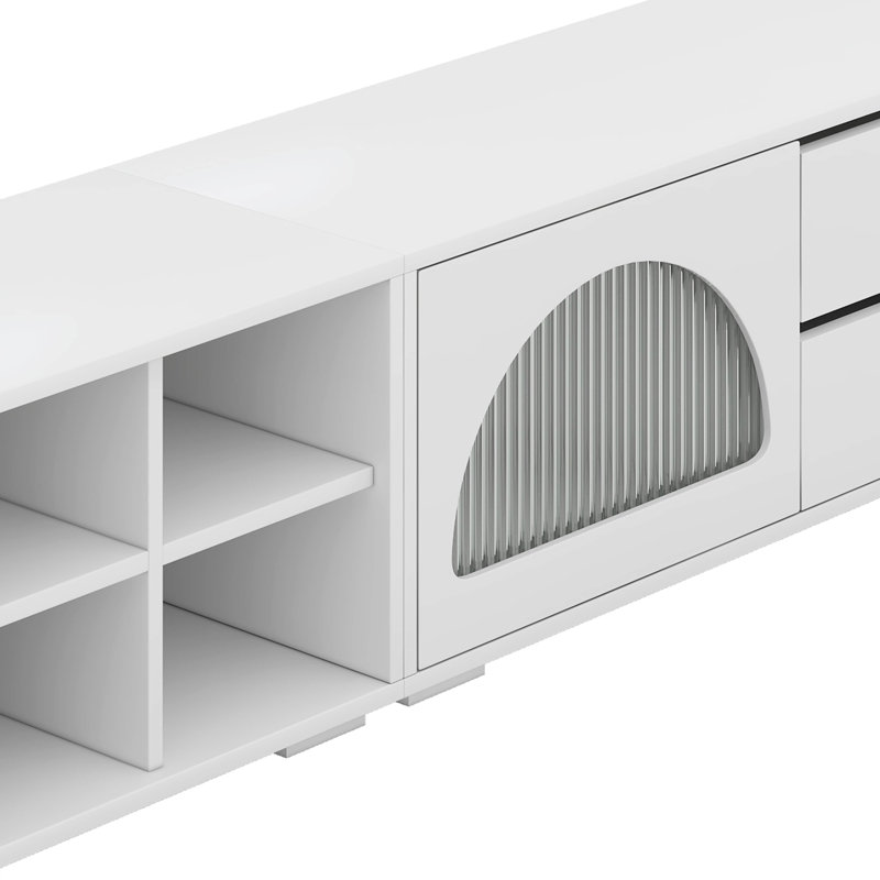 Meuble télé moderne à DEL, console multimédia avec porte en verre cannelé et 2 tiroirs, Blanc