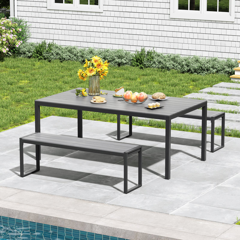 Rectangular Patio Dining Set Wtin Benchs, Gray