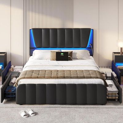 Modern Leather Upholstered Platform Bed with Storage Drawers Black