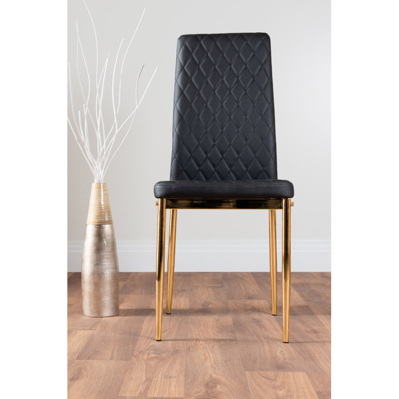 Eubanks Faux Leather Modern Tall Back Dining Chairs with Metal Legs & Diamond Stitching, Black, Black, 4