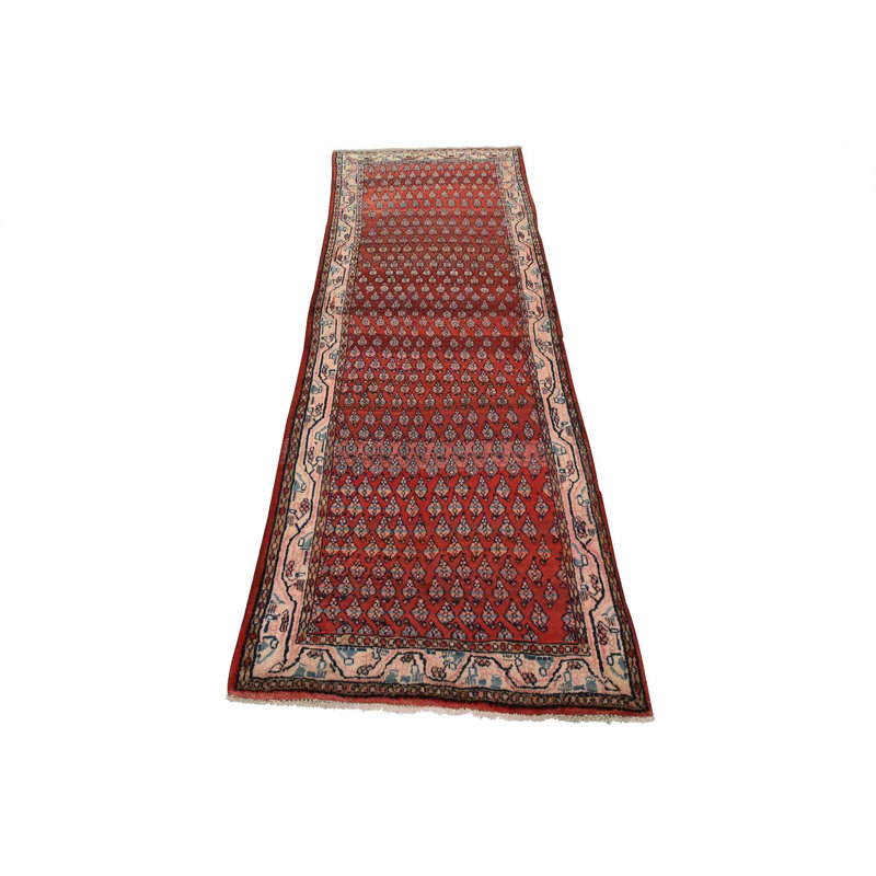 Tapis oriental rétro en laine rouge noué à la main 3 pi 6 po x 9 pi 3 po Tribal