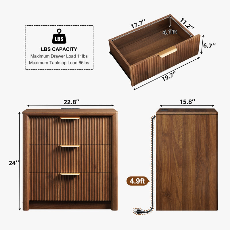 Ensemble de 2 tables de chevet en noyer avec station de charge et table de chevet cannelée en bois 3 tiroirs, L 19,7 po x l 15 po x H 24 po