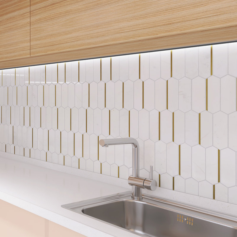 Natural Dorato 1" X 6" Marble Mosaic Wall Tile, White/Gold