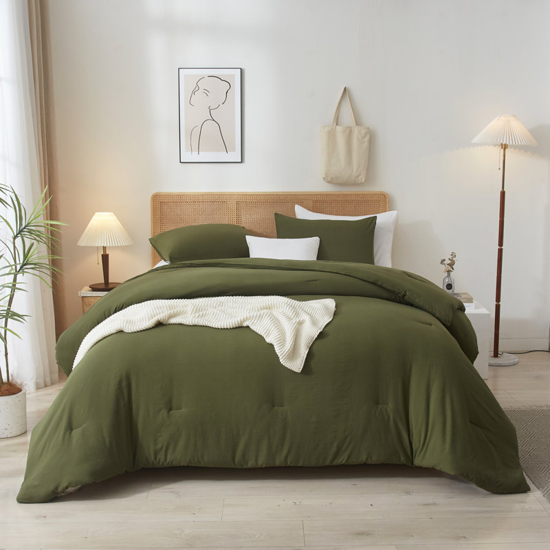 3-Piece 90g Lightweight All-season Microfiber Comforter Set, Full Comforter + 2 Standard Shams, Army Green