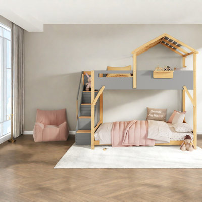 Lit superposé double avec rangement, structure en MDF, gris moderne, pour salle familiale