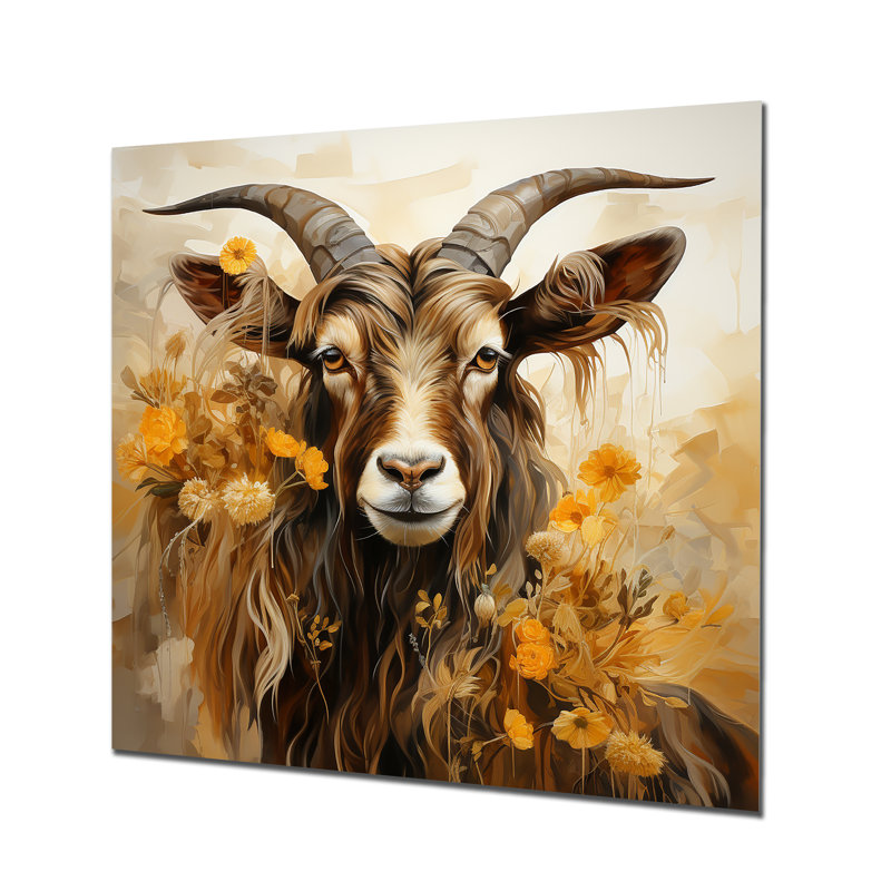 Chèvre jaune et brun, prairie florale - art mural en métal animal de chèvre, H 36 po x l 36 po
