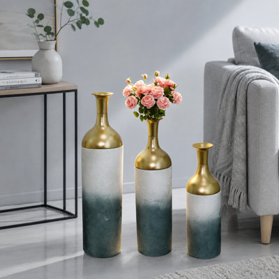 Ensemble de 3 vases de sol gigognes en métal, vases décoratifs gris antique, blanc et or pour salon et entrée