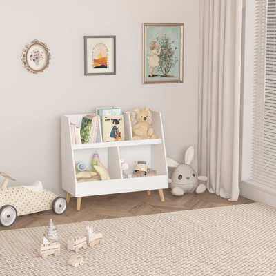 Kids Bookshelf Toy Organizer 5 Cubbies Wooden Open Bookcase 2 Tier Baby Storage Display Organizer Legs Free Standing Playing Room Bedroom Nursery Classroom