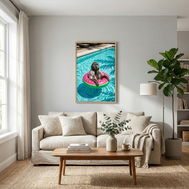 Ensemble de 1 tableau sur toile représentant un bassin de singes, 24"H x 18"W, Natural