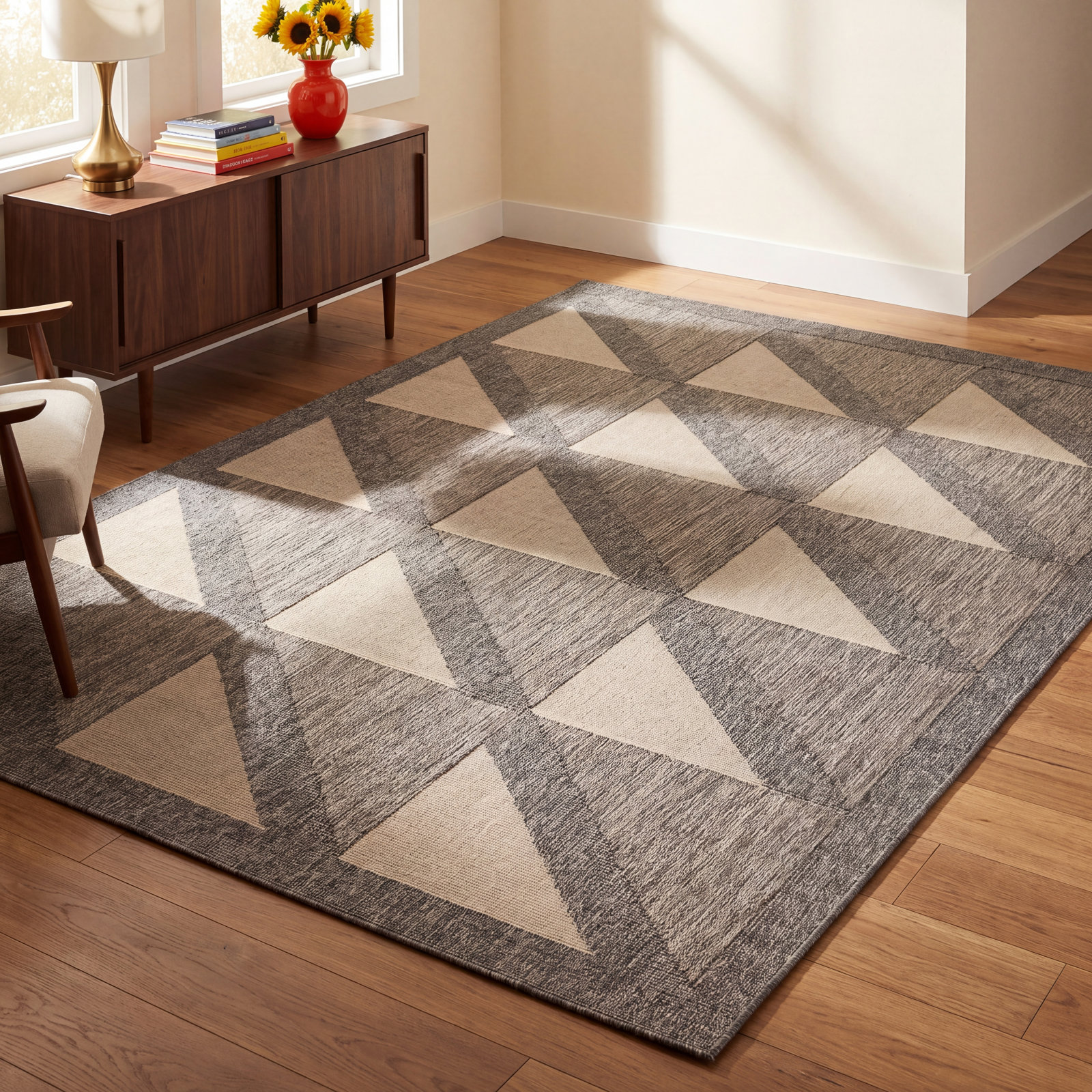 Trula Gray Beige Geometric Outdoor Rug, Rectangle 9'3" x 12'6"
