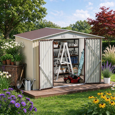 Remise de jardin en métal blanc 10 x 8 pi, remise extérieure résistante aux intempéries avec porte à charnières et conception de ventilation, rangement à outils verrouillable pour la pelouse de la cour arrière