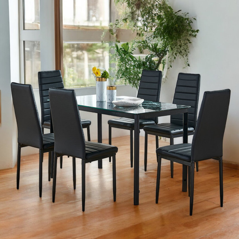 Rosenzweig 6 - Person Glass Top Four Leg Dining Set, Marble