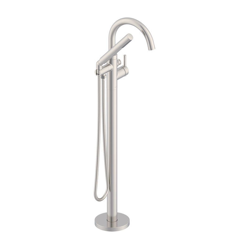 Contemporary 1-Handle Freestanding Floor Mount Tub Filler Trim Kit with 1.75 GPM Showerstick Handshower, Brushed Nickel
