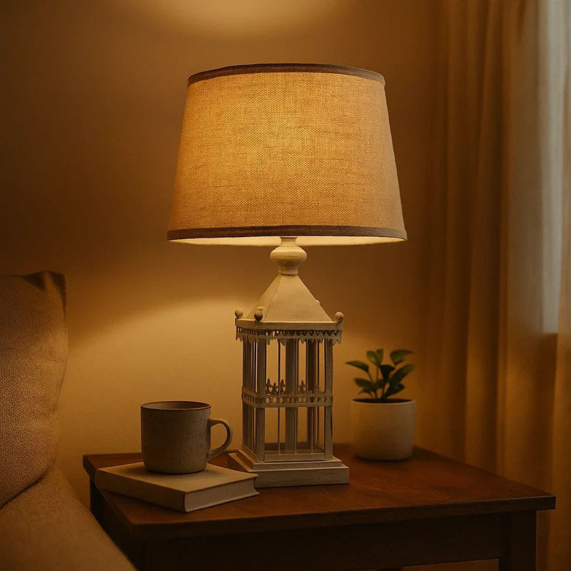 Lampe de table 26 po en métal gris avec abat-jour tambour brun